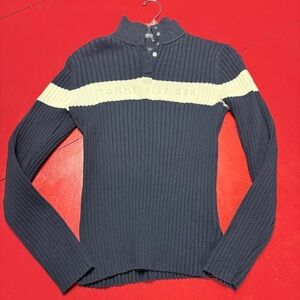 TOMMY HILFIGER NAVY AND CREAT HIGH NECK SNAP OPENING sweater